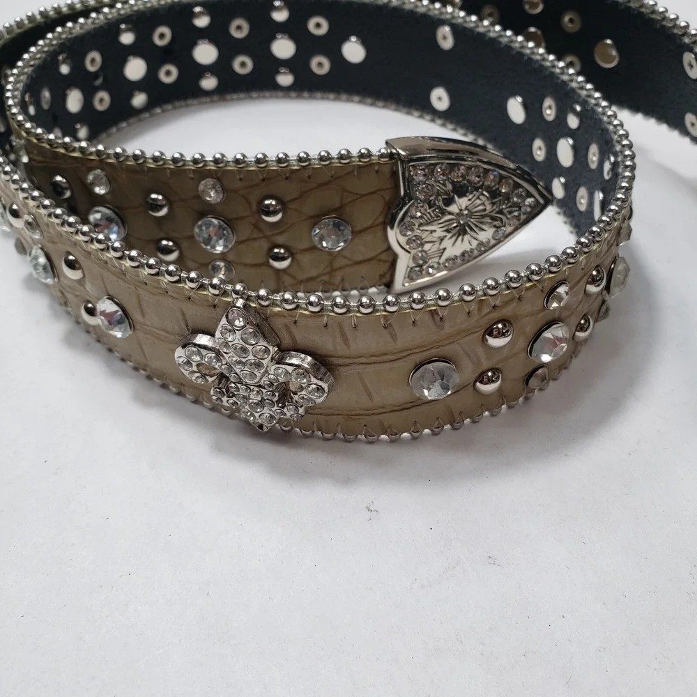 Genuine Leather Bling Western Belt Snakeskin Rhinestones Size Small Fleur-de-lis